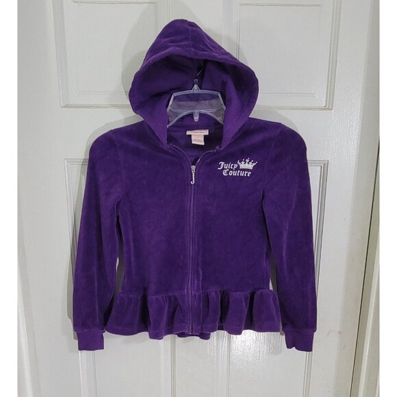 Juicy Couture Girls Purple Velour Full Zip Hoodie Studded Ruffled Hem Size 7 - Picture 8 of 11
